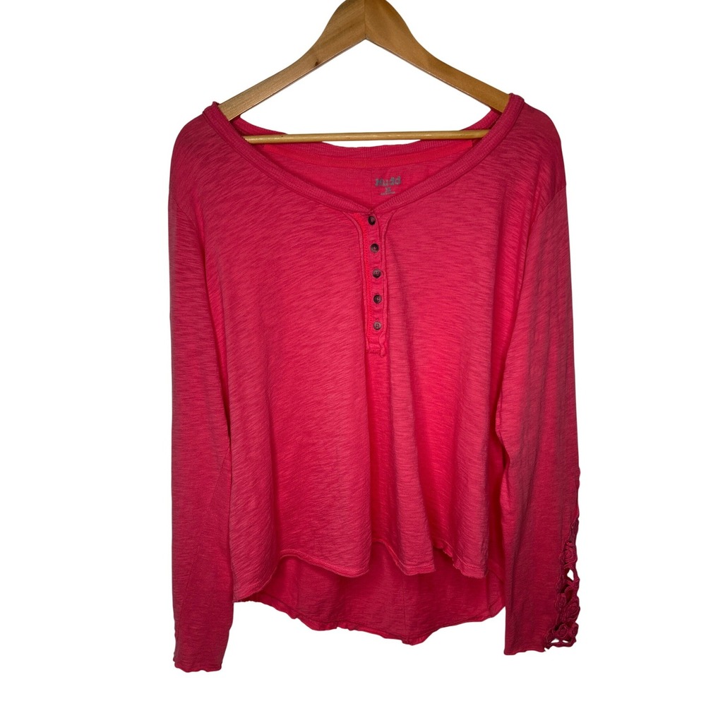 Vtg Y2K Mudd Honeysuckle Pink Henley Top 3X Crochet Arm Slub Cotton Boho Raw Hem